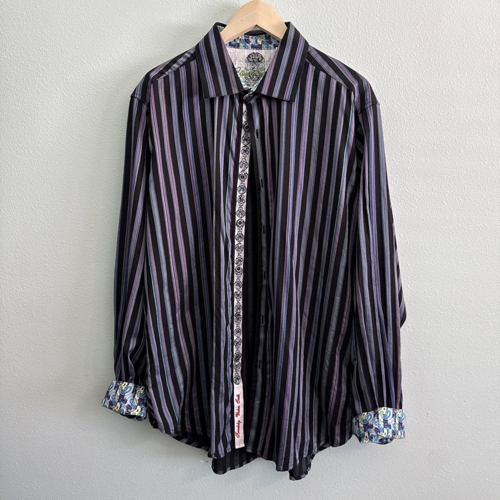Robert Graham Classic Fit‎ Striped Black Collared Shirt Mens Sz 2XL Colorful